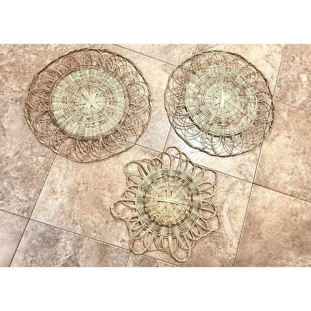 Vintage Woven Rattan Wall Art Set Boho Coastal Grandmillennial Decor 3 Pc Wicker